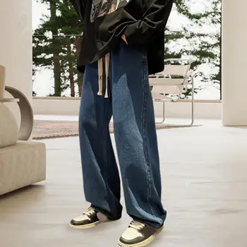 Мужские джинсы со средней посадкой и завязками, Множество карманов, Однотонные Тонкие Джинсовые брюки в стиле хип-хоп, Прямые, широкие, Уличная одежда
