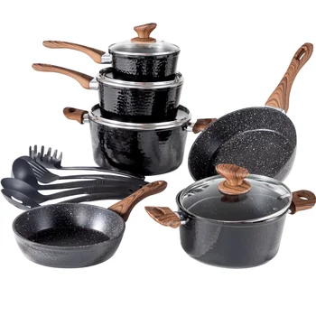 Набор посуды MF Studio из 15 предметов, Гранитные кастрюли и сковородки с антипригарным покрытием, можно мыть в посудомоечной машине, черный