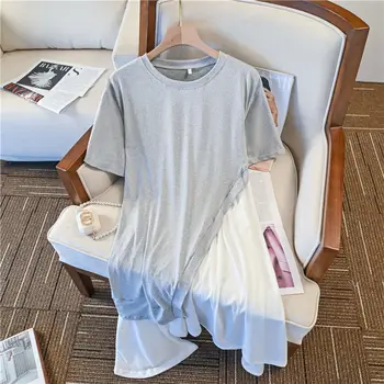Летнее Лоскутное Нерегулярное платье-футболка из двух предметов с круглым вырезом и коротким рукавом, Платья больших Размеров, Повседневная Модная женская одежда