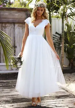 Винтажное короткое vestido de novia, Кружевная Скромная шапочка с V-образным вырезом, Богемные Свадебные платья для пляжа и сада 2018, платья для матери невесты
