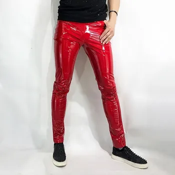 Горячие Сексуальные Красные обтягивающие мужские Зеркальные брюки из искусственной кожи в готическом стиле, одежда для ночного клуба полной длины, Мужские брюки-карандаш Большого размера