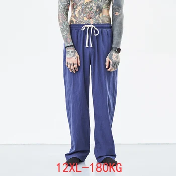 Весенне-летняя мужская одежда, домашние брюки для сна, хлопчатобумажные льняные брюки в китайском стиле, винтажные прямые брюки размера плюс 12XL 9XL 11XL, стрейчевые брюки