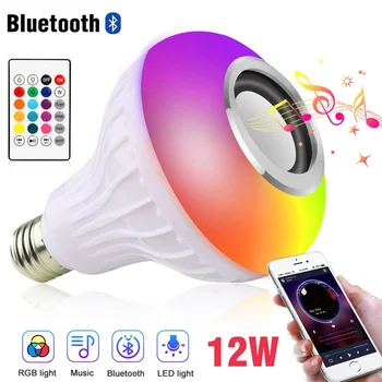 12 Вт RGBW E27 Музыкальная Лампочка RGB, Меняющая Цвет, Bluetooth Динамик, Многоцветная Декоративная Лампа с Дистанционным Управлением для Вечеринки Дома