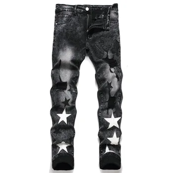 Европейский стиль, черно-белая вышивка звезд, мужские рваные джинсы, трендовый бренд, мотоциклетные джинсовые брюки, качественные мужские узкие джинсы
