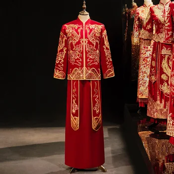 Атласное свадебное платье для жениха в китайском стиле, винтажное мужское свадебное платье с вышивкой дракона, блестки, свадебный костюм Тан, одежда китайская одежда