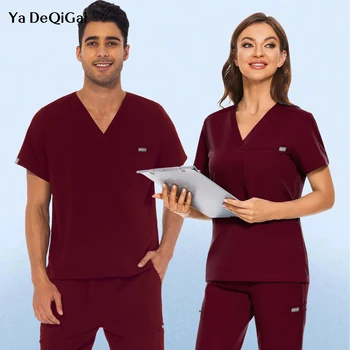 Унисекс, медицинская форма, униформа медсестры, скрабы, топы, короткий рукав, высококачественные мужские рубашки, однотонная блуза для бега трусцой, рабочая одежда для врачей