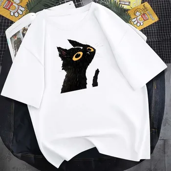 Летняя новинка с принтом Черного кота из мультфильма, 14 цветов, простая и милая Свободная футболка из чистого хлопка, нейтральный топ с круглым вырезом