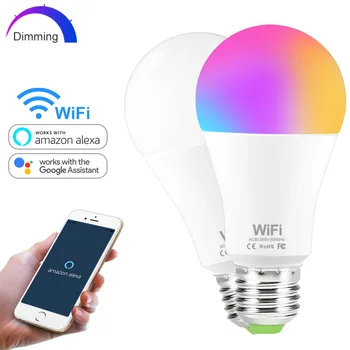 WiFi Smart E27 RGB Волшебная лампа, беспроводная лампа с регулируемой яркостью AC85-265V, голосовое управление, совместимое с Amazon Alexa Google