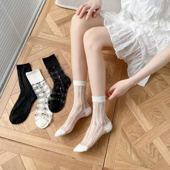 Модные Новые Прозрачные Хлопчатобумажные носки в стиле Лолиты, Милые Черно-белые Сексуальные Стеклянные Шелковые Носки, Летние тонкие Японские женские Носки