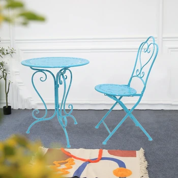 Винтажный дизайн, металлический стол и стулья для внутреннего дворика, набор синей складной декоративной мебели для балкона