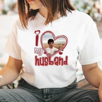 Я люблю своего мужа с вашей фотографией, Хлопковая футболка с круглым вырезом, графическая футболка, Персонализированная на заказ, Футболка с вашим изображением, подарок жене, женщине