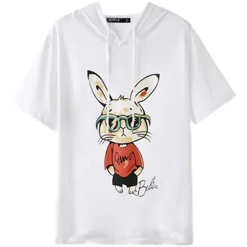 Классическая черно-белая хлопковая летняя женская футболка с капюшоном, мультяшные корейские футболки, Harajuku, принт, красивый кролик, топы для мальчиков, женские