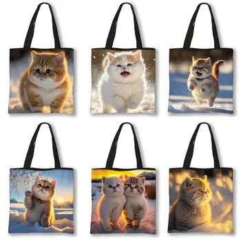 Сумка через плечо с принтом Кавайного Снежного кота, Женские сумки-тоут с мультяшными животными, Эко Многоразовая сумка для покупок, сумки через плечо большой емкости, подарки