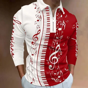 Мужская модная рубашка на молнии с графическими заметками с длинным рукавом и отложным воротником с 3D принтом