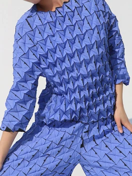 Miyake Плиссированная Складка 2023, Женская футболка с длинным рукавом, Однотонный Пуловер с круглым вырезом, Женская Роскошная Свободная Одежда, Весенняя Мода