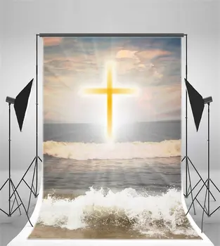 Фон для фотосъемки Золотой Крест Пляж Морская волна Христианство Культура