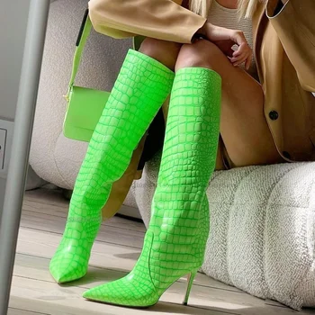Зеленые Сапоги выше колена с острым носком и принтом Крокодиловой кожи; Женская обувь на высоком каблуке-шпильке; Мода 2023 года; Zapatos Para Mujere