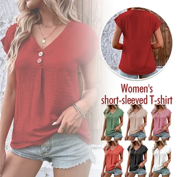 Женские Элегантные простые базовые топы с коротким рукавом, модные футболки с глубоким V-образным вырезом и пуговицами, летние универсальные уличные повседневные футболки