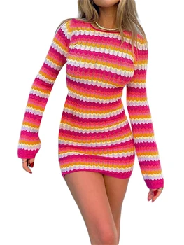 Женское трикотажное платье-свитер в рубчик с вырезом на спине и длинными рукавами - Сексуальное облегающее мини-платье для ночного выхода - Y2K Fashion