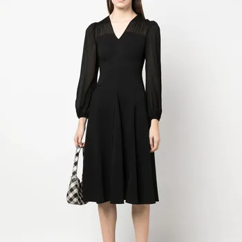 Новое поступление, женское однотонное платье с длинным рукавом, модные офисные платья OL с круглым вырезом 51808