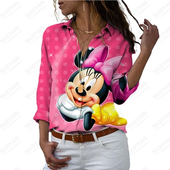 Рубашка Disney для девочек, кардиган с длинным рукавом и V-образным вырезом, топ на пуговицах, 3D принт 23, Новинка Весны, Мультяшный Узор, Большие Размеры, Микки и Минни, Простой