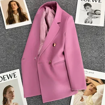 Фиолетово-розовый пиджак с металлической пряжкой, женский весенне-осенний новый двубортный пиджак в британском стиле, Новинка в верхней одежде