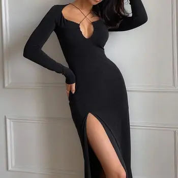 Французское винтажное маленькое сексуальное женское платье с V-образным вырезом и длинным рукавом, с высокой талией, с разрезом, длинное платье на бедрах