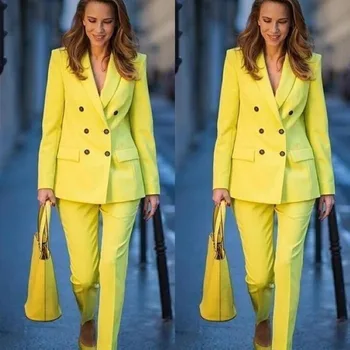 Желтый женский костюм, Двубортный пиджак с брюками-карандашами, простой Классический женский приталенный блейзер, пальто