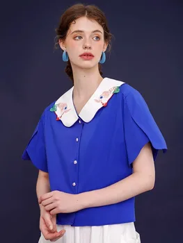 2023 Летняя женская рубашка с коротким рукавом оригинального дизайна с вышивкой животных