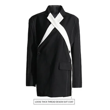 Черно-белый индивидуальный костюм в стиле пэчворк для женщин, весна 2023, новая мода, контрастный цвет, свободный крой, дизайн из толстой нити