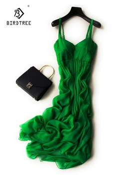 Birdtree/ Новое Модное Женское платье из 100% Шелка 8 мм, Женская Летняя Одежда Для Пляжного Отдыха с V-образным вырезом, Зеленые Длинные Платья на Бретельках D36609QC