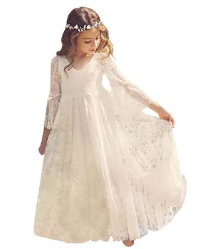 Кружевные свадебные платья в стиле бохо для девочек с цветочным узором, трапециевидное платье с V-образным вырезом и длинными рукавами для первого причастия, детские вечерние платья