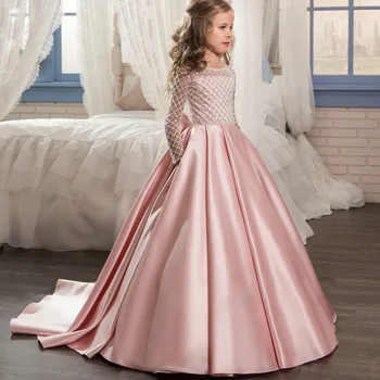 Платья Принцессы с розовыми блестками для девочек-цветочниц с Длинным рукавом, Атласное платье с бантом длиной до пола, Вечернее платье для выпускного вечера для детей