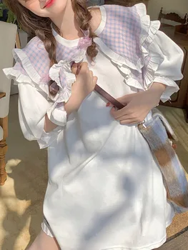 KIMOKOKM, Японская Милая Женская футболка с воротником 