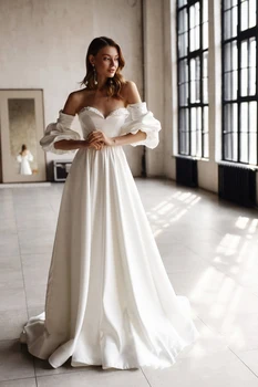 Современное Атласное Свадебное платье без Бретелек с Круглым вырезом, Съемные рукава-фонарики, без спинки, 2022, Свадебное платье с длинным шлейфом
