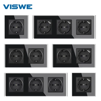 Электрическая розетка VISWE EU Standard Usb с черной стеклянной панелью 16A 250V Europe home Type C Электрические розетки и выключатели