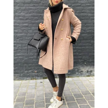 Женская двусторонняя шерстяная куртка средней длины с капюшоном, шерстяная ткань, модное пальто, осень-зима, 2023