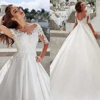 Простое бальное платье из атласа с драгоценными камнями, Свадебное платье С кружевными аппликациями, свадебные сорочки с длинными рукавами, высокое качество Атласа, сшитое на заказ