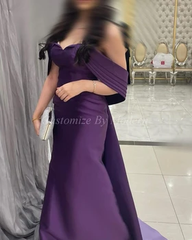 Фиолетовые Атласные Длинные Платья для выпускного вечера с открытыми плечами Длиной до пола, Женское Вечернее платье из Саудовской Аравии