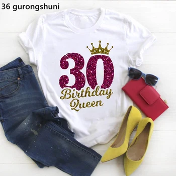 Футболка с буквенным принтом Королевы на 30-й день рождения, Женская футболка с золотой короной, крутая футболка, Женская летняя футболка с коротким рукавом, женская уличная одежда