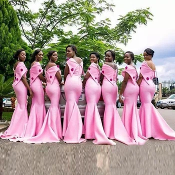 Африканское платье подружки невесты с длинными открытыми плечами, атласное платье с цветочным узором и кристаллами, розовое платье русалки для свадебной вечеринки, шикарное vestidos de dama de honor