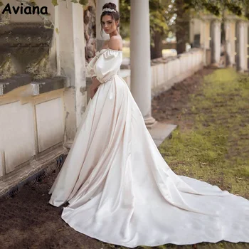 Aviana Romantic, Атласные свадебные платья Трапециевидной формы с открытыми плечами, Платье Невесты с пышными рукавами и открытой спиной, Свадебное платье в милую складку