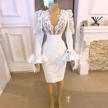 Белое короткое платье для выпускного вечера Русалка с длинными рукавами 2021 Дубай, арабские вечерние платья для вечеринок, коктейльное платье с кружевной аппликацией, Vestido