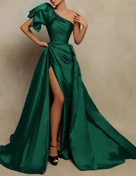 Изумрудно-зеленые платья для выпускного вечера Без рукавов с одним плечом, атласные вечерние платья с разрезом в стиле знаменитостей, Праздничная ночь