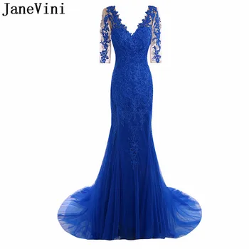 JaneVini Королевские синие Кружевные вечерние платья С коротким рукавом из тюля Русалки, Длинное праздничное платье на пуговицах сзади для матери невесты
