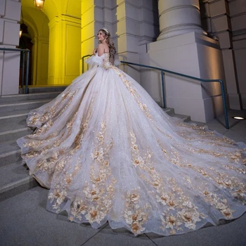 Пышные платья Принцессы цвета слоновой кости с открытыми плечами, Золотые аппликации, 3DFlower, Бальное платье с корсетом Sweet 16 Vestidos De 15