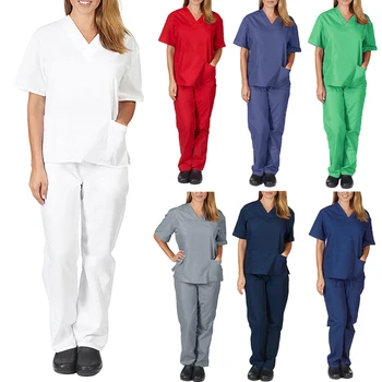 Новый костюм медсестры из двух частей, топ для медсестер, Брюки с коротким рукавом, Однотонная женская Рабочая одежда, Больничные брючные костюмы