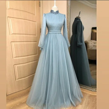 Светло-голубые мусульманские вечерние платья трапециевидной формы с высоким воротом, кружевной тюль, длинный рукав, свадебные платья для гостей, вечерние платья для выпускного вечера 2022