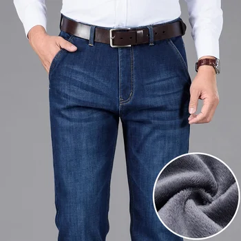 зимние брендовые плотные теплые прямые свободные джинсы классического стиля, высококачественные мужские повседневные джинсы с высокой талией