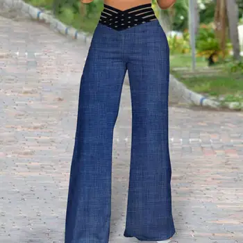 Женские Длинные брюки с высокой талией, Прямые Широкие Синие Повседневные брюки с эластичным поясом, легкие брюки